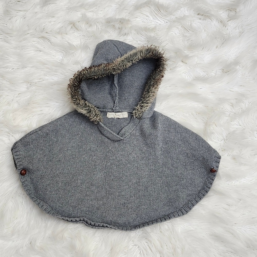 Hope & Henry Grey Organic Cotton Faux Fur Hooded Knit Poncho 18-24M